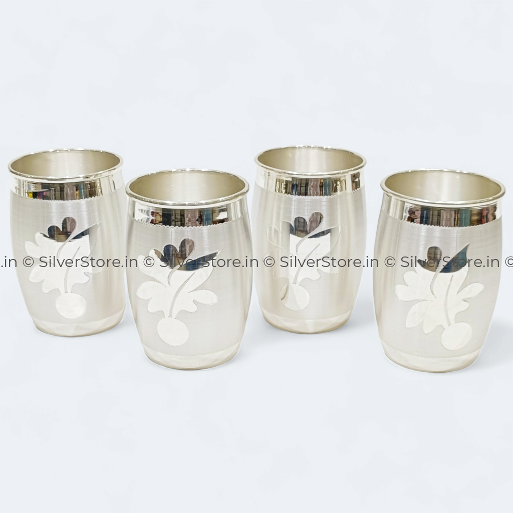 Silver Glass - Dholak Pattern With Flower Engraving Set Of Four Glasses 990 Bis Hallmark Pure