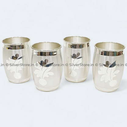 Silver Glass - Dholak Pattern With Flower Engraving Set Of Four Glasses 990 Bis Hallmark Pure