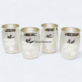 Silver Glass - Dholak Pattern With Flower Engraving Set Of Four Glasses 990 Bis Hallmark Pure