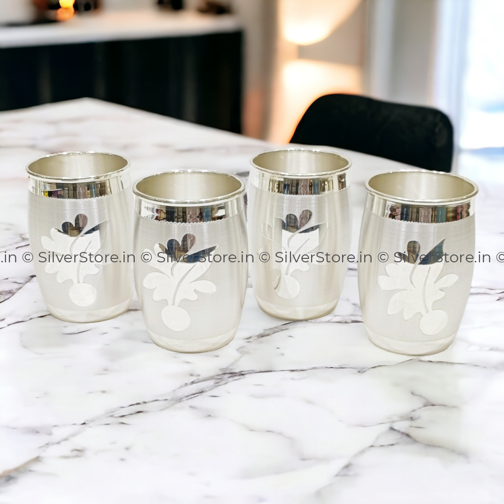 Silver Glass - Dholak Pattern With Flower Engraving Set Of Four Glasses 990 Bis Hallmark Pure