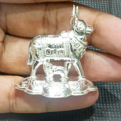 Silver Kamdhenu / Silver Cow And Calf Idol