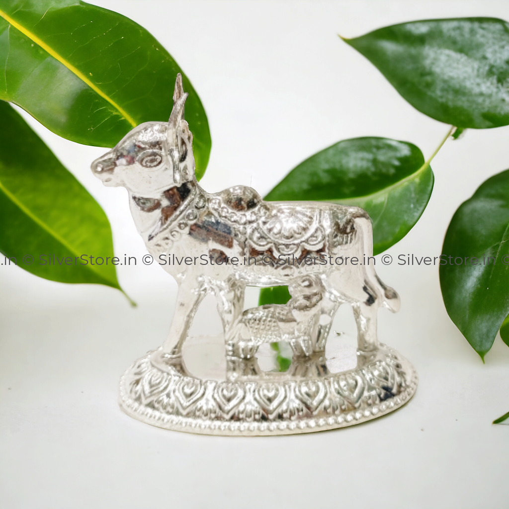 Silver Kamdhenu / Silver Cow And Calf Idol - 925 33 Grams