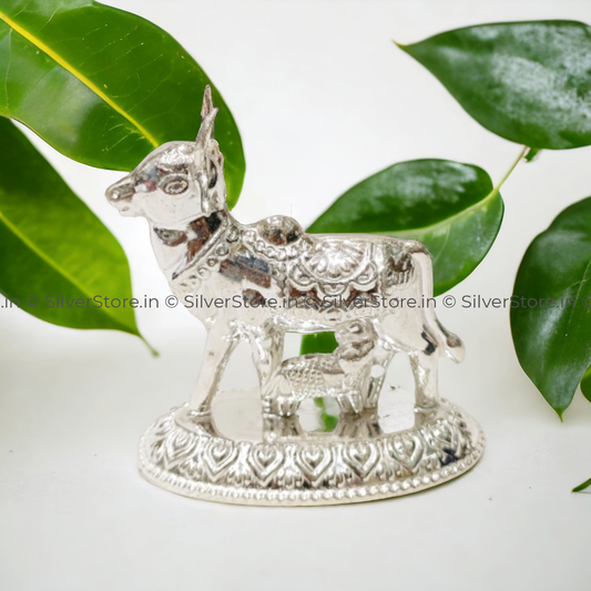 Silver Kamdhenu / Silver Cow And Calf Idol - 925 33 Grams