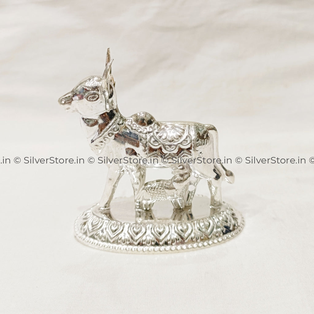 Silver Kamdhenu / Silver Cow And Calf Idol - 925 33 Grams