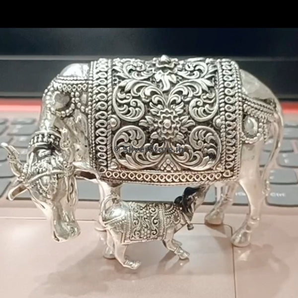 Silver Kamdhenu / Silver Cow And Calf Idol - Antique Finish