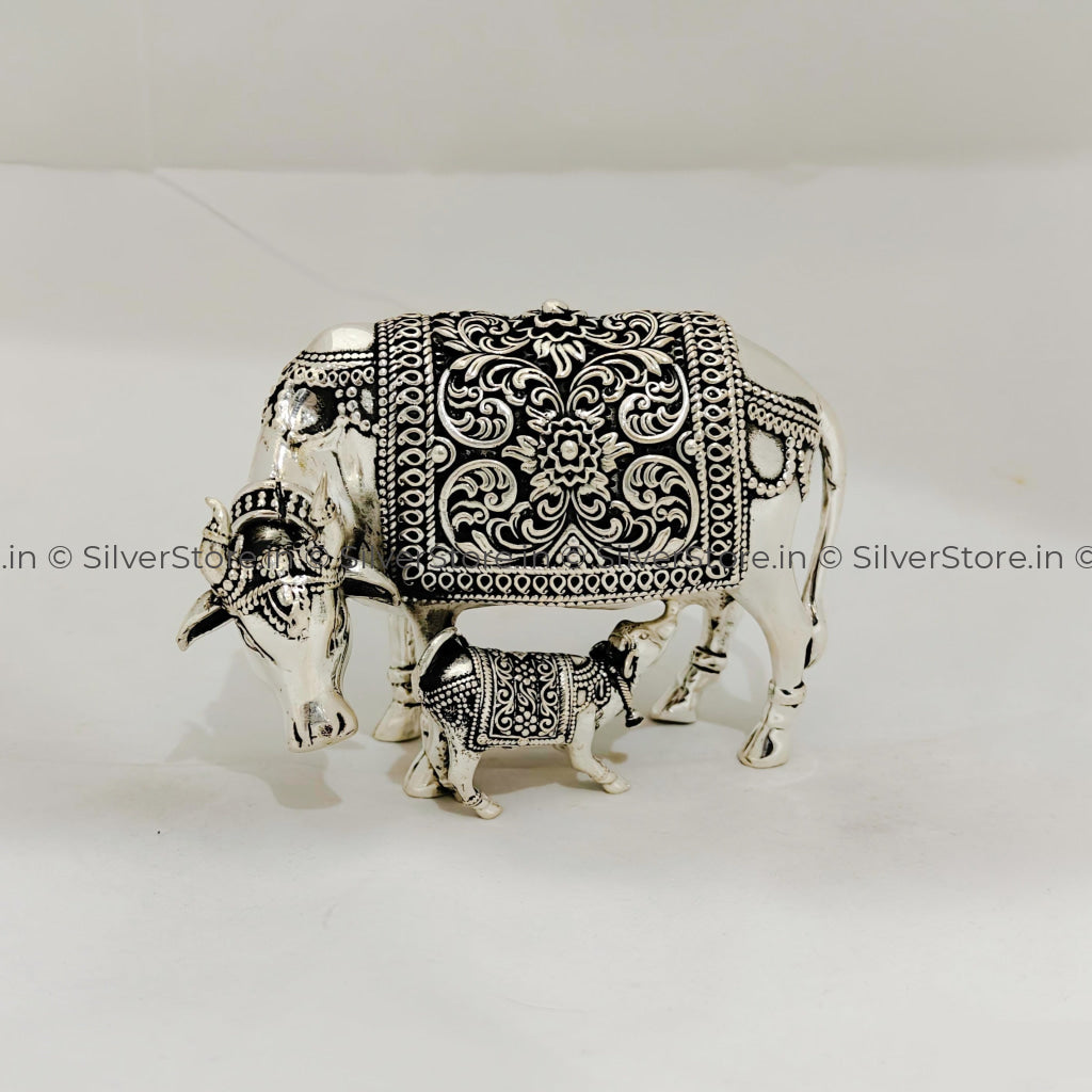 Silver Kamdhenu / silver cow and calf idol - Antique finish -925 Bis hallmark