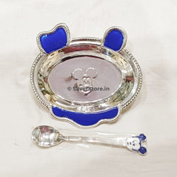 Silver Mickey Mouse Bowl Spoon Set For Baby - 925 Bis Hallmark Blue Colour Gifts