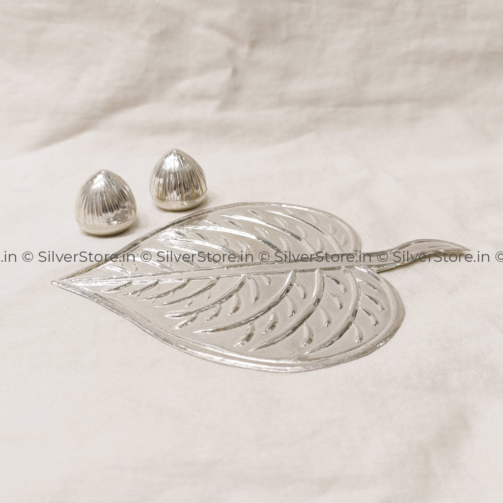 Silver Pan & Silver Supari Set - Leaf Nuts Pack Of 3 Pcs Pooja Item