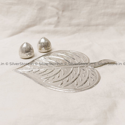 Silver Pan & Silver Supari Set - Leaf Nuts Pack Of 3 Pcs Pooja Item