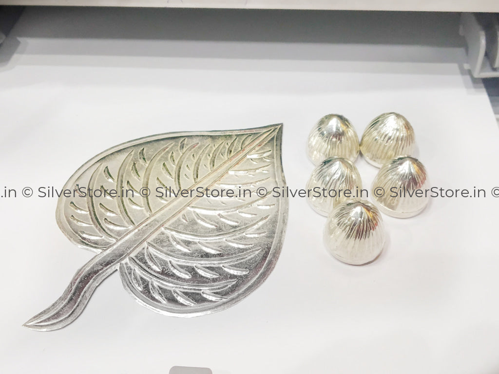 Silver Pan & Silver Supari Set - Leaf Nuts Pooja Item