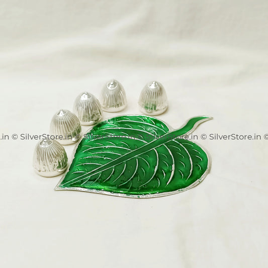 Silver Pan & Silver Supari Set - Leaf Nuts Pooja Item