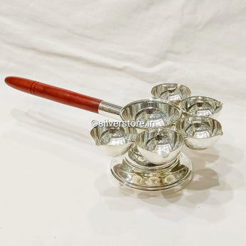 Silver Panchaarti/ Silver 5 Diya Aarti With Wooden Handle - 925