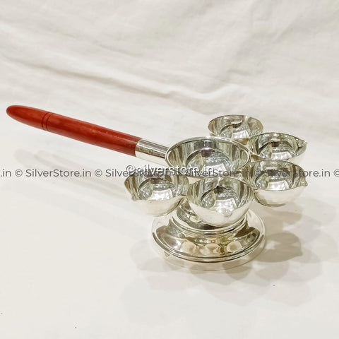 Silver Panchaarti/ Silver 5 Diya Aarti With Wooden Handle - 925