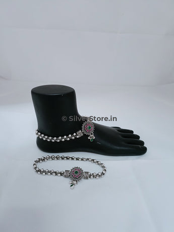 Silver Payal / Anklet - 925 -Gajra Pattern With Beads & Broch An-9