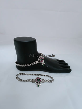 Silver Payal / Anklet - 925 Gajra Pattern With Foxtail Cross Chain Beads And Broch An-20