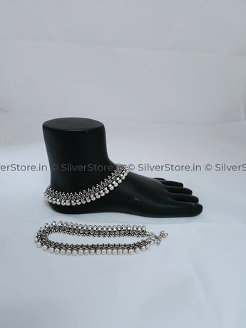 Silver Payal / Anklet - 925 Mogra Pattern With Hanging Balls An-18
