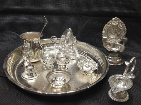 Silver Pooja Set - Ganesh Idol Pack Of 9 Items