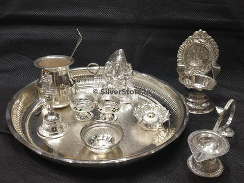 Silver Pooja Set - Ganesh Idol Pack Of 9 Items
