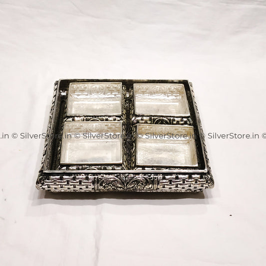 Silver Pooja Set - Square Pattern 925 Pooja Thali
