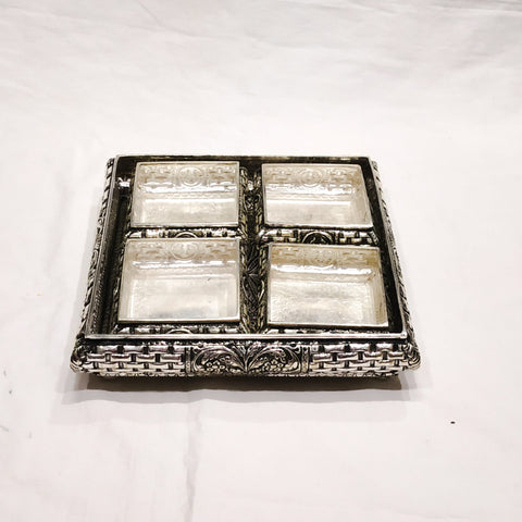 Silver Pooja Set - Square Pattern 925 Pooja Thali