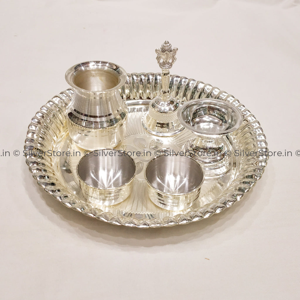 Silver Pooja Thali - Pack Of 6 Items Pooja