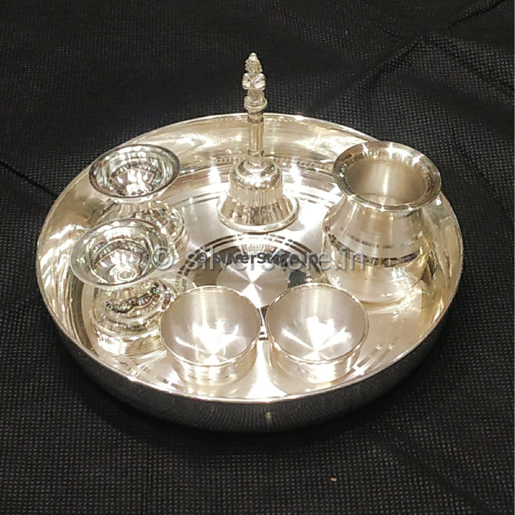 925 Silver Pooja Thali Pack Of 7 Items 6 Plate Size