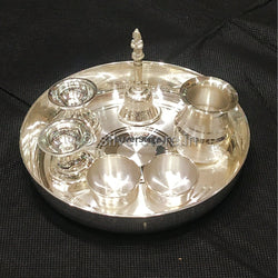 Silver Pooja Thali - Pack Of 7 Items 6 Plate Size Pooja