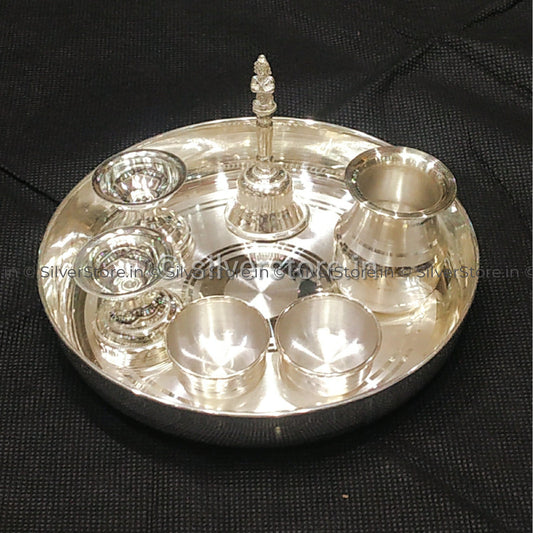 Silver Pooja Thali - Pack Of 7 Items 6 Plate Size Pooja