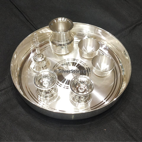 Silver Pooja Thali - Pack Of 7 Items Plate Size Pooja