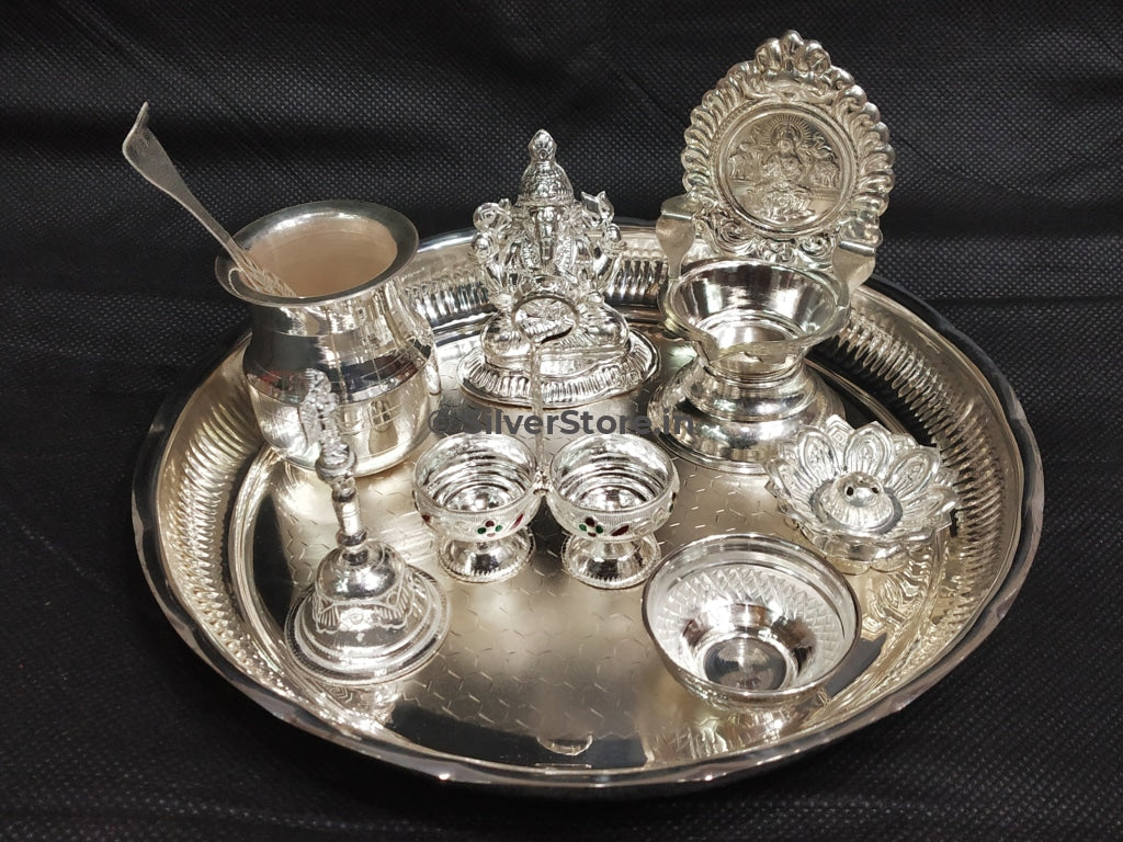 Silver Pooja thali- pack of 8 items – SilverStore.in