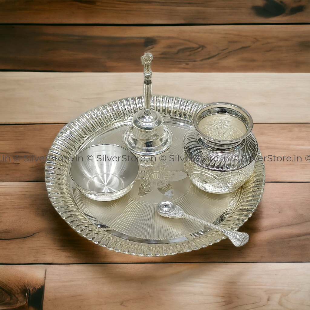 Silver Pooja Thali Set - 925 10 Size Pack Of 5 Silver Pooja Thali