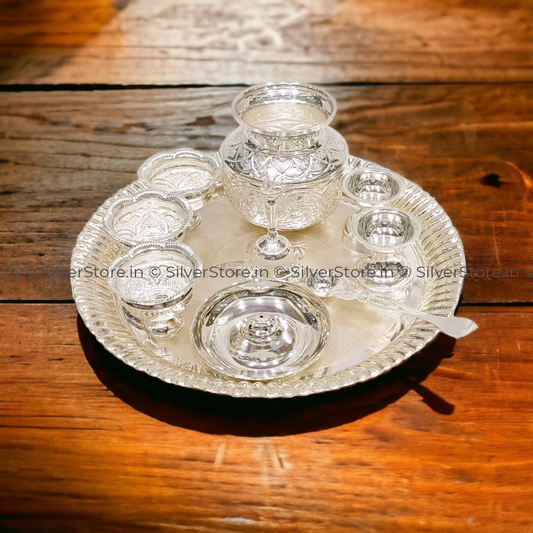 Silver Pooja Thali Set - 925 10 Size Pack Of Silver Pooja Thali