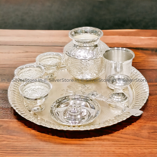 Silver Pooja Thali Set - 925 10 Size Pack Of 9 Silver Pooja Thali