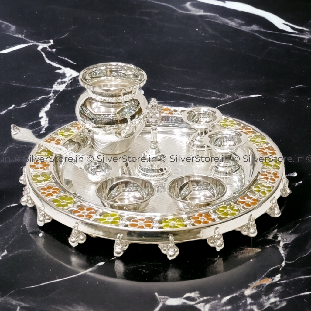 Silver Pooja Thali Set - 925 8 Size Pack Of Silver Pooja Thali