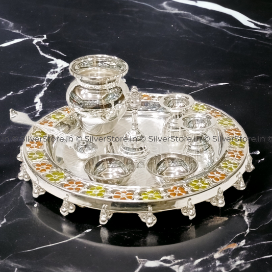 Silver Pooja Thali Set - 925 8 Size Pack Of Silver Pooja Thali