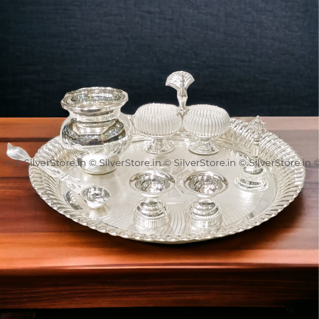 Silver Pooja Thali Set - 925 9 Size Pack Of 7 Silver Pooja Thali