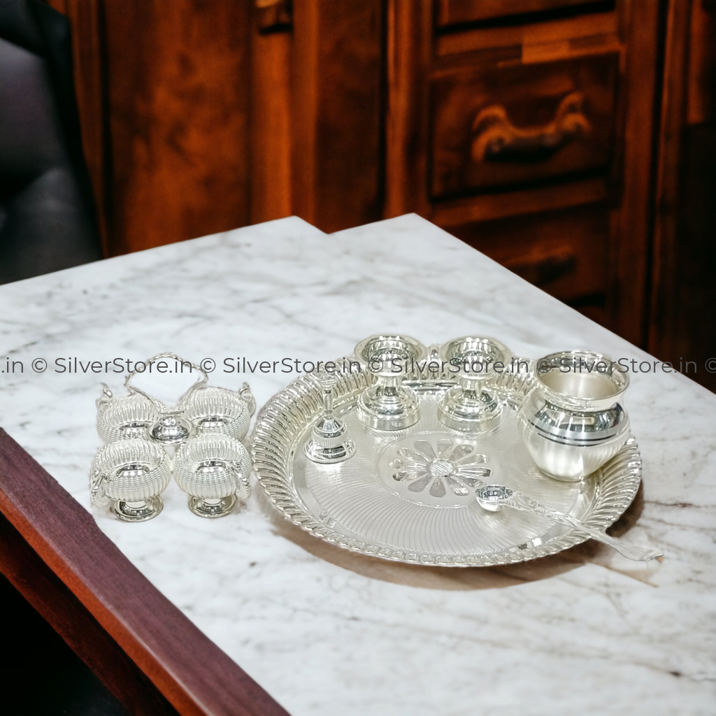Silver Pooja Thali Set - 925 9 Size Pack Of 7 With Four Bowl Kum Holder Silver Pooja Thali