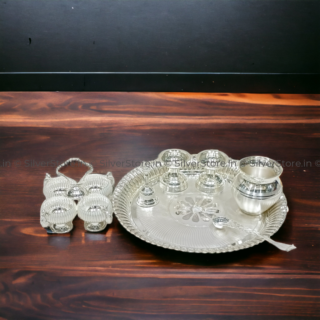 Silver Pooja Thali Set - 925 9 Size Pack Of 7 With Four Bowl Kum Holder Silver Pooja Thali
