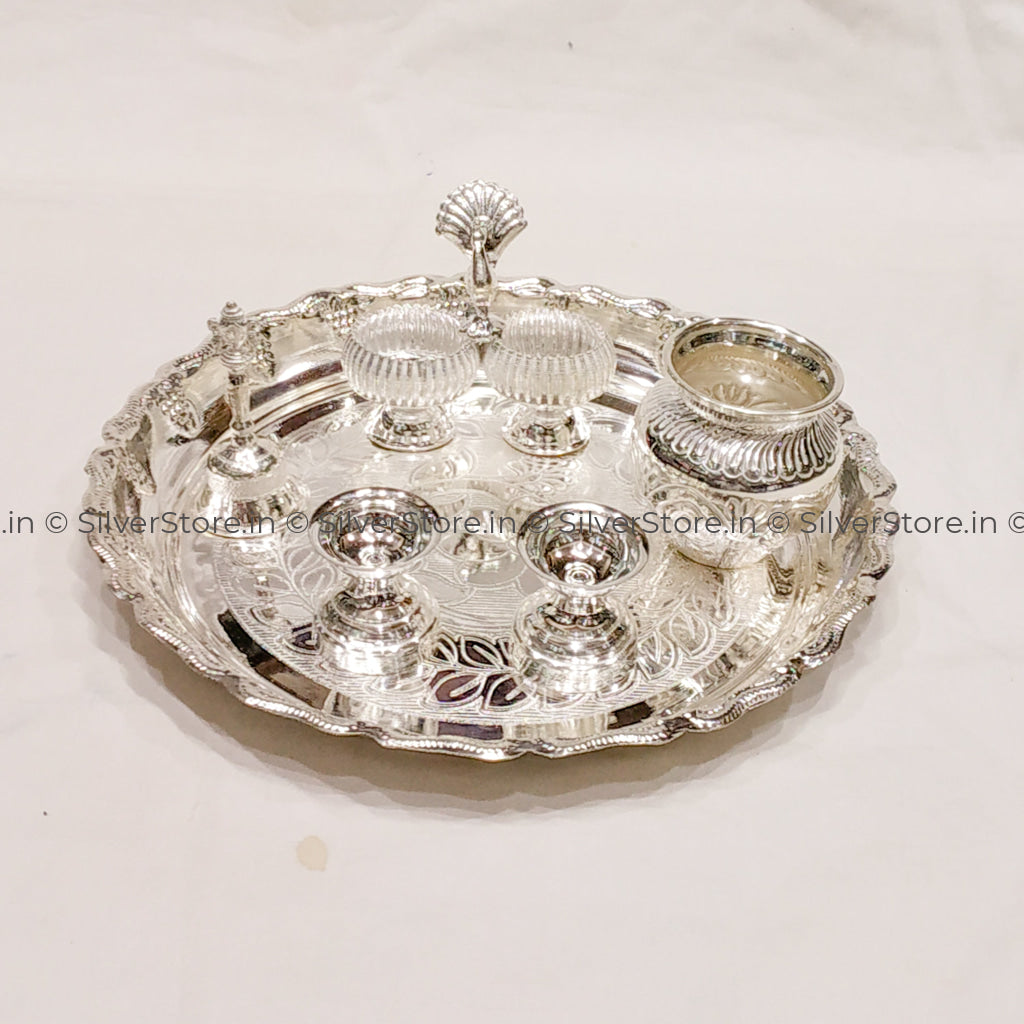 Silver Pooja Thali Set - 925 Pack Of 6 Silver Pooja Thali