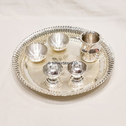 Silver Pooja Thali Set - 925 Pack Of 6 9 Inches Size Silver Pooja Thali