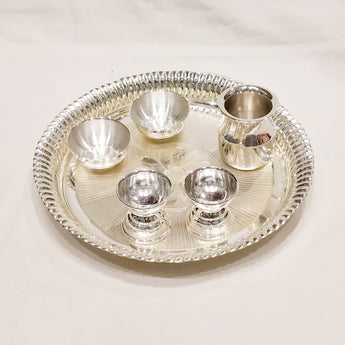Silver Pooja Thali Set - 925 Pack Of 6 9 Inches Size Silver Pooja Thali