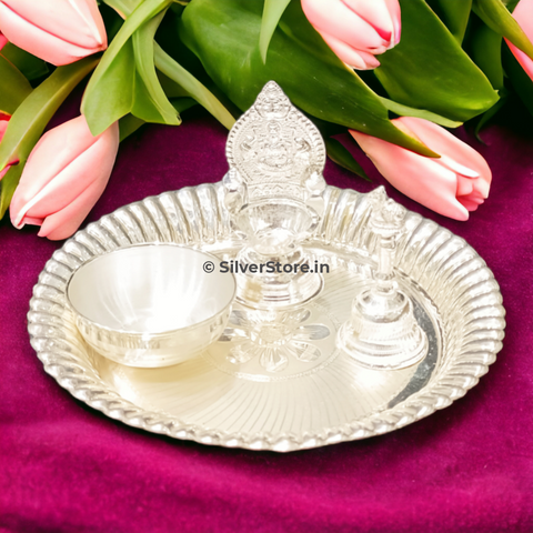 Silver Pooja Thali Set - 925 Silver Small Size Pack Of 4 Items
