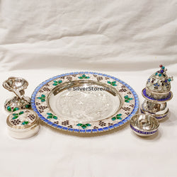 Silver Pooja Thali - With Traditional Meena Work 925 Silver Pack Of 6 Items Pooja