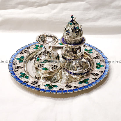 Silver Pooja Thali - With Traditional Meena Work 925 Silver Pack Of 6 Items Pooja