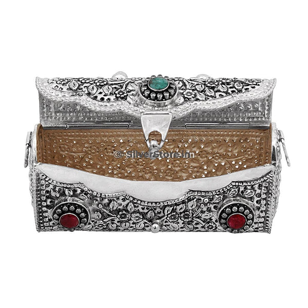Rubans Silver Colour Bag With Embroided Silver Design.