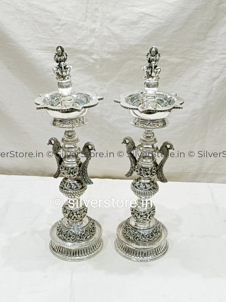 Silver Samay Diya - Laxmi Pattern 925 Silver 15.5 Inches Height