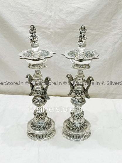 Silver Samay Diya - Laxmi Pattern 925 Silver 15.5 Inches Height