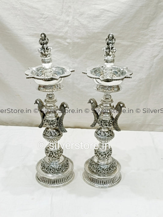 Silver Samay Diya - Laxmi Pattern 925 Silver 15.5 Inches Height