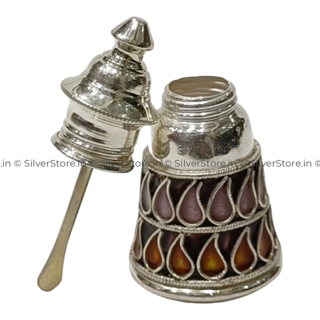 Silver Sindoor Box With Stick - 925 Silver Meena Pattern