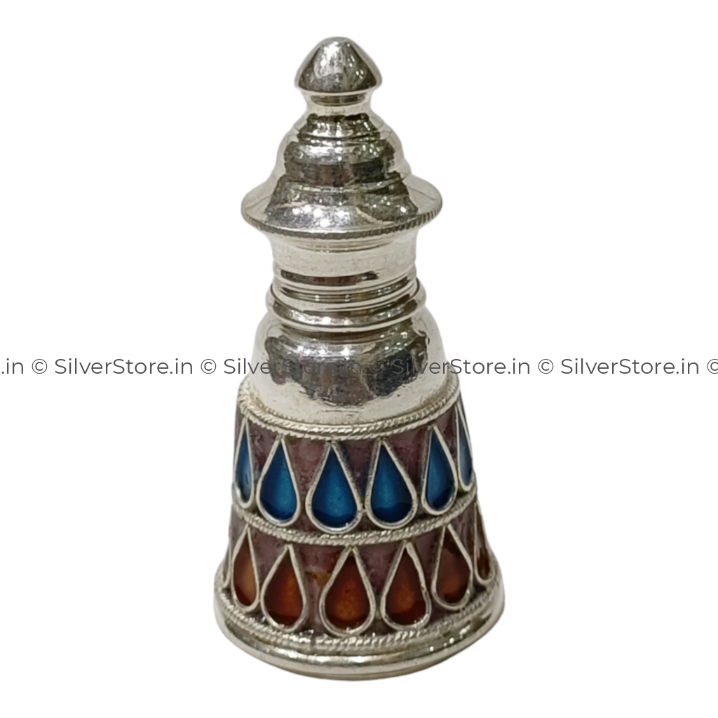 Silver Sindoor Box With Stick - 925 Silver Meena Pattern